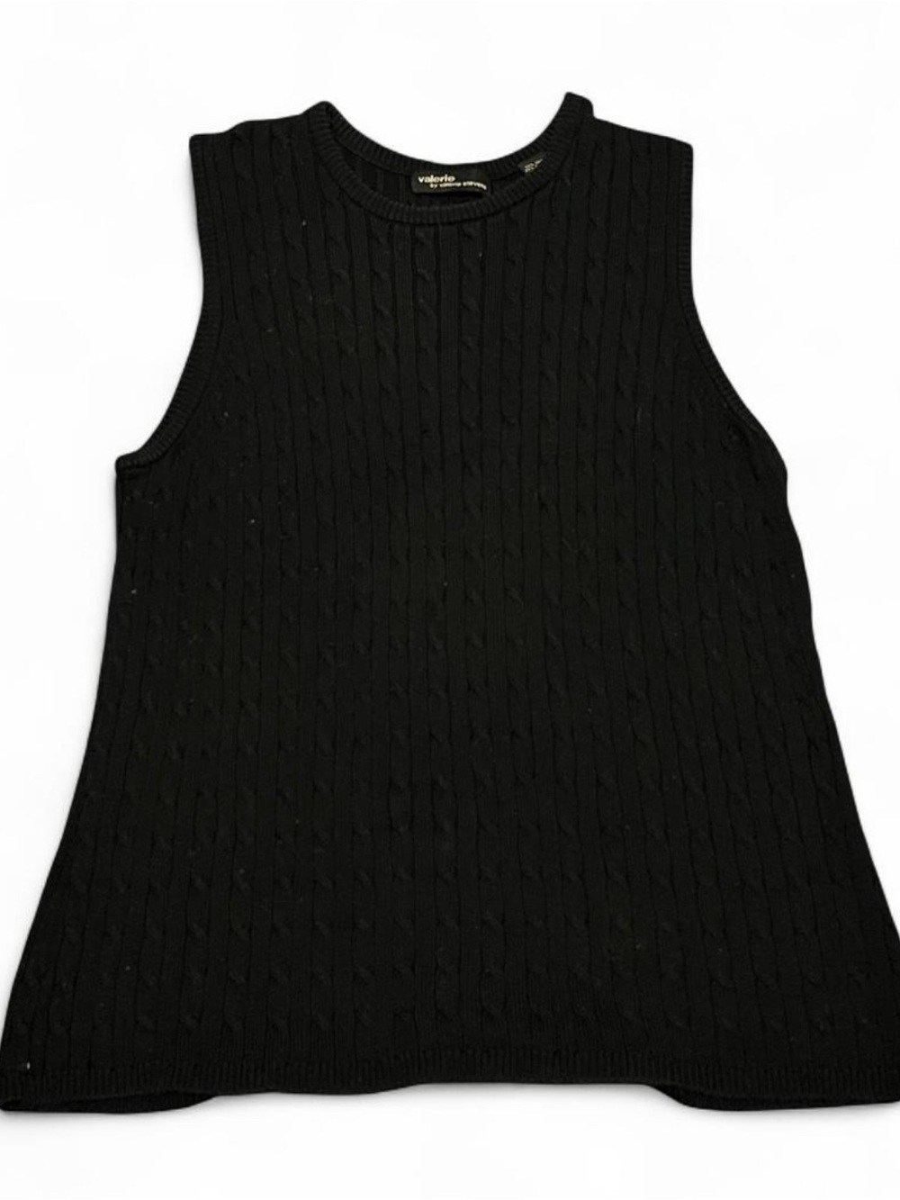 Valerie Stevens Silk Black Cable-Knit Sleeveless Crew Neck Sweater Vest Tank Top